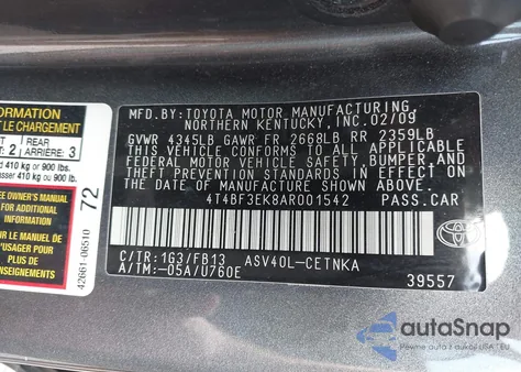 2010 Toyota Camry Le из США, поврежденный, VIN 4T4BF3EK8AR001542